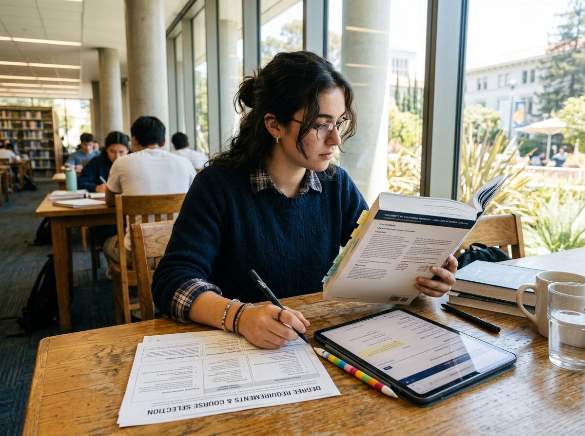Student researching university curriculum and degree options